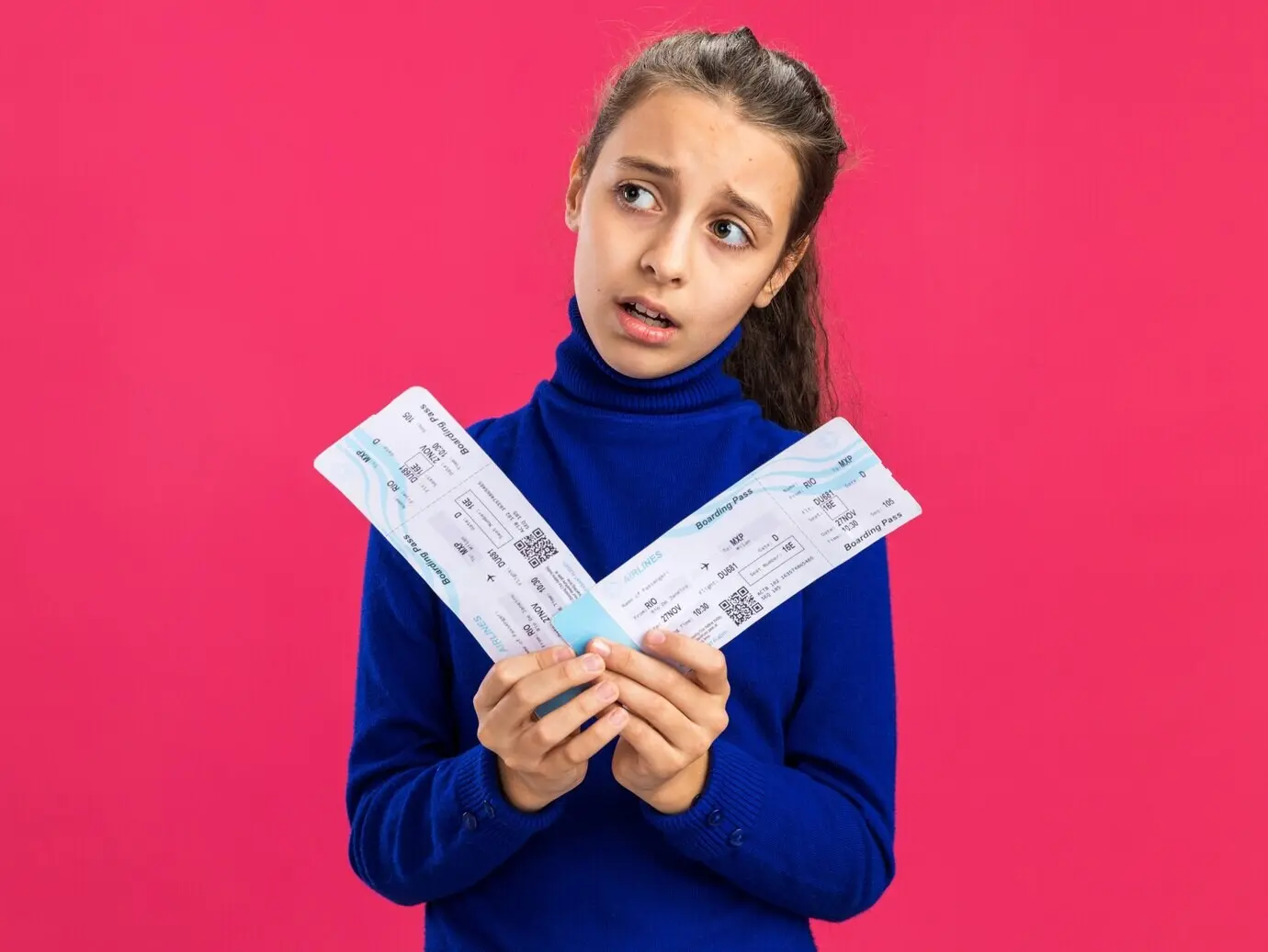Озадаченная девушка-подросток, держащая авиабилеты, смотрит в сторону на фоне розовой стены с местом для текста.